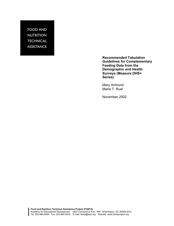 Recommended tabulation guidelines for complementary feeding data from the demographic and health surveys (MEASURE DHS+ series)