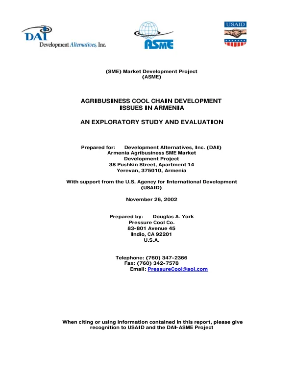 Agribuisiness cool chain development issues in Armenia : an exploratory study and evaluation