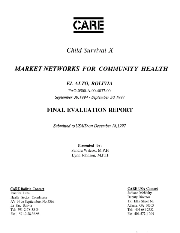Child survival X : market networks for community health, El Alto, Bolivia -- FAO-0500-A-00-4037-00 : final evaluation report