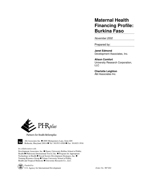 Maternal health financing profile : Burkina Faso