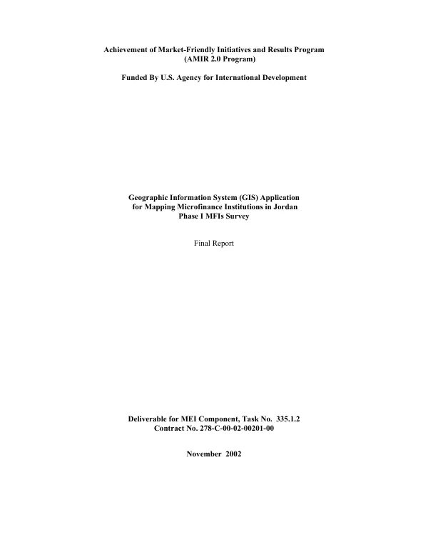 Geographic information system (GIS) application for mapping microfinance institutions [MFIs] in Jordan : phase I MFIs survey -- final report