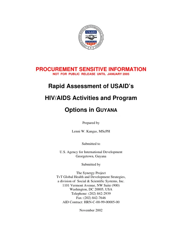 Rapid assessment of USAID"s HIV/AIDS activities and program options in Guyana