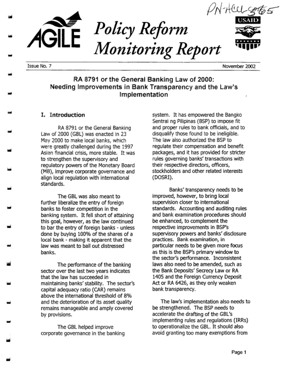 RA 8791 or the General Banking Law of 2000 : needing improvements in bank transparency and the law"s implementation