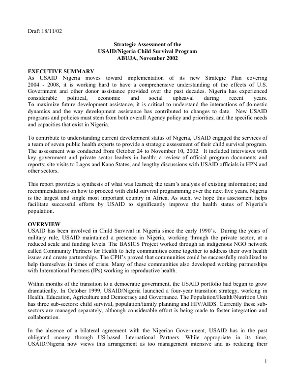 Strategic assessment of the USAID/Nigeria child survival program