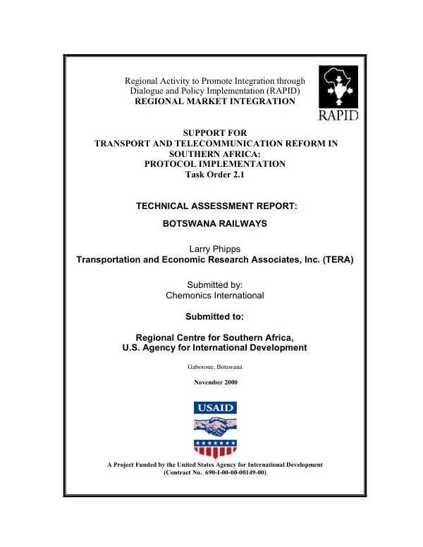 Support for transport and telecommunication reform in Southern Africa : protocol implementation -- technical assessment report : Botswana railways