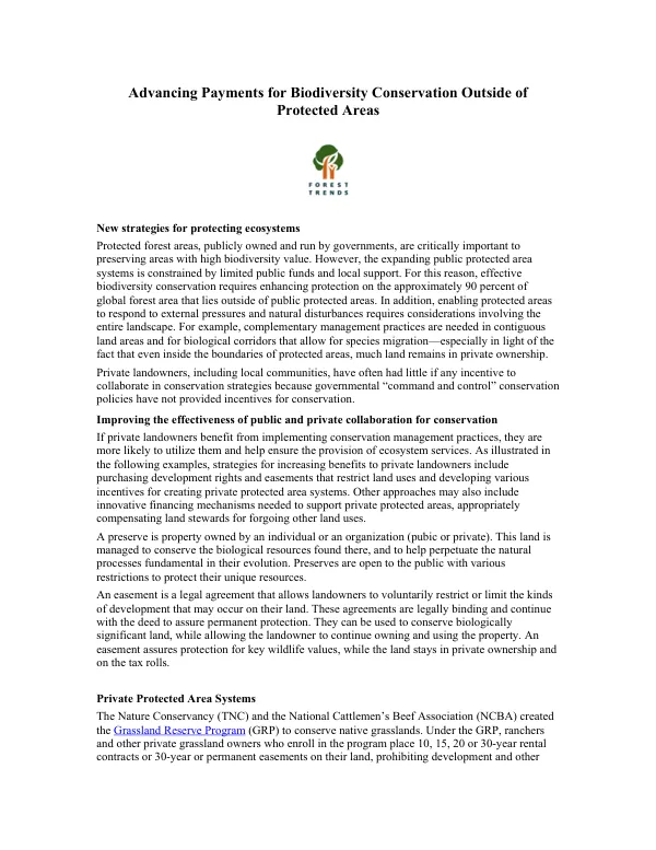 Advancing payments for biodiversity conservation outside of protected [forest] areas