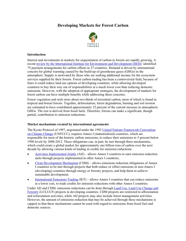 Developing markets for forest carbon