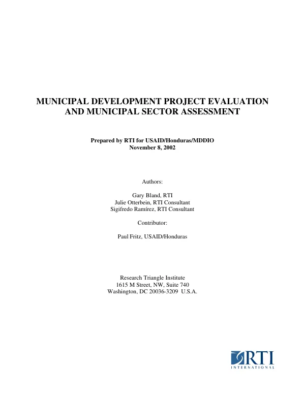 Municipal development project evaluation and municipal sector assessment