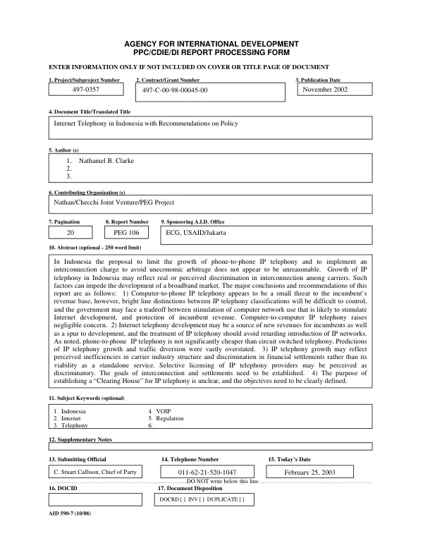 Internet telephony in Indonesia with recommendations on policy