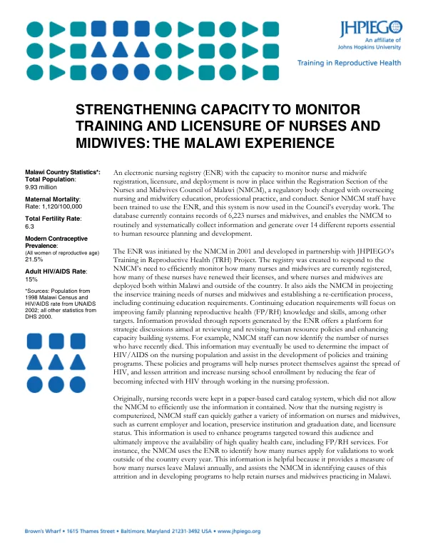 Strengthening capacity to monitor training and licensure of nurses and midwives : the Malawi experience