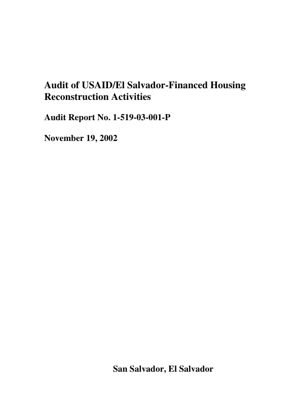 Audit of the USAID/El Salvador-financed housing reconstruction activities