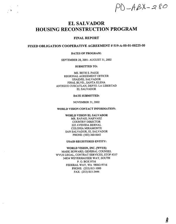 El Salvador housing reconstruction program : final report