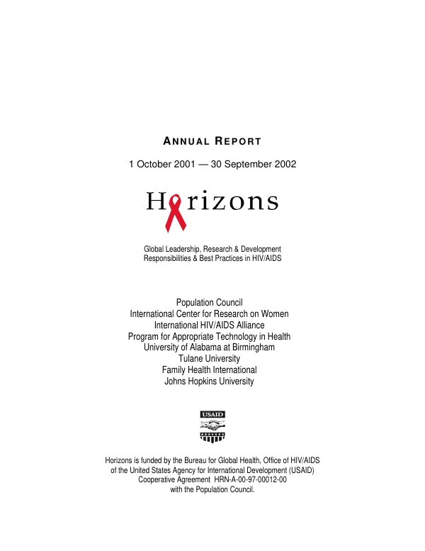 Annual report, 1 October 2001-30 September 2002 : HORIZONS -- global leadership, research & development responsibilities & best practices in HIV/AIDS