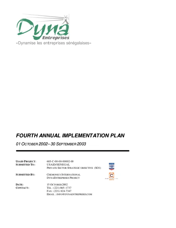 DynaEntreprises (Dynamise les entreprises senegalaises) : fourth annual implementation plan, 01 October 2002-30 September 2003