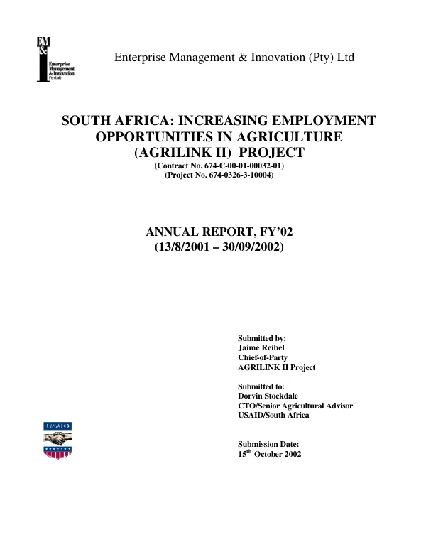 South Africa : increasing employment opportunities in agriculture (AGRILINK II) project -- annual report, FY"02 (13/8/2001-30/09/2002)