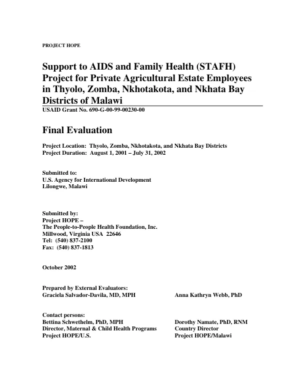 Support to AIDS and family health (STAFH) project for private agricultural estate employees in Thyolo, Zomba, Nkhotakota, and Nkhata Bay Districts of Malawi : USAID grant no. 690-G-00-99-00230-00 -- final evaluation
