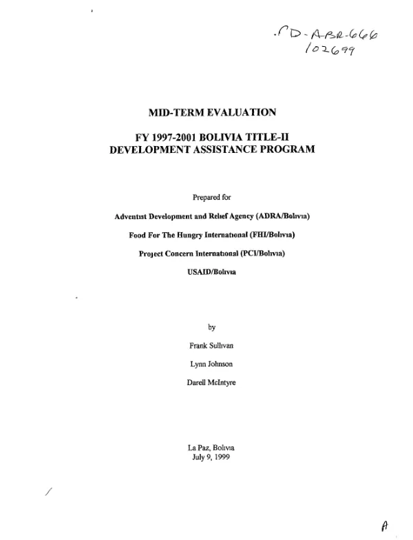 Mid-term evaluation : FY 1997-2001 Bolivia Title II development assistance program