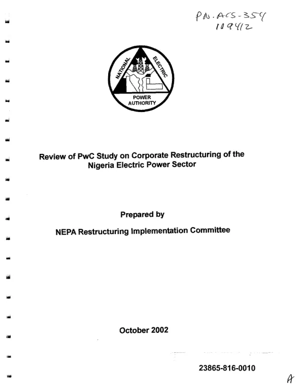 Review of PwC [PricewaterhouseCoopers] study on corporate restructuring of the Nigeria electric power sector