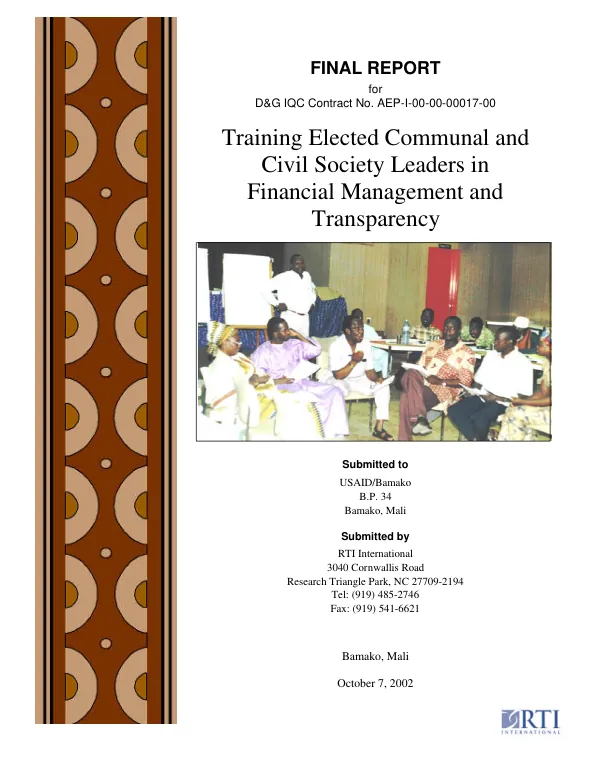 Final report for D&G [Democracy & Governance] IQC contract no. AEP-I-00-00-00017-00 : training elected communal and civil society leaders in financial management and transparency