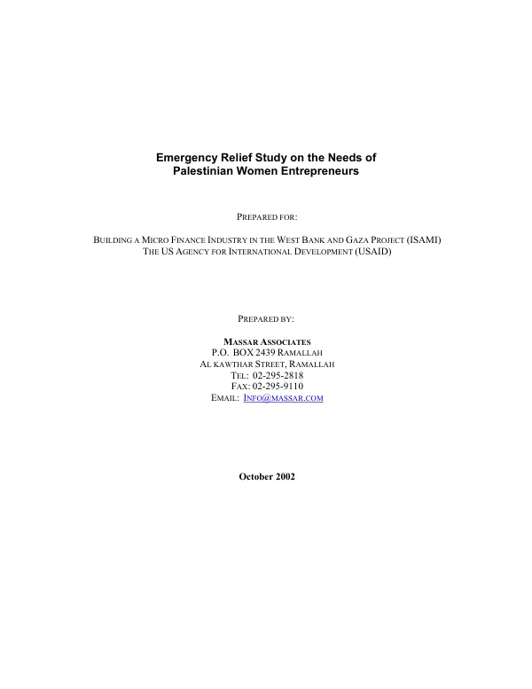 Emergency relief study on the needs of Palestinian women entrepreneurs