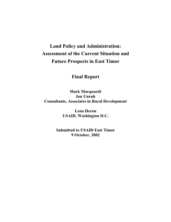 Land policy administration : assessment of the current situation and future prospects in East Timor -- final report