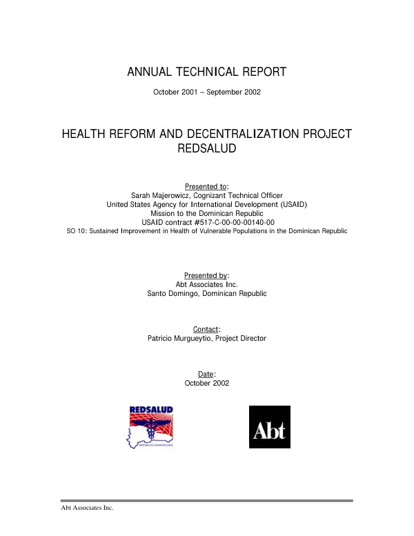 Annual technical report, October 2001-September 2002 : health reform and decentralization project, REDSALUD