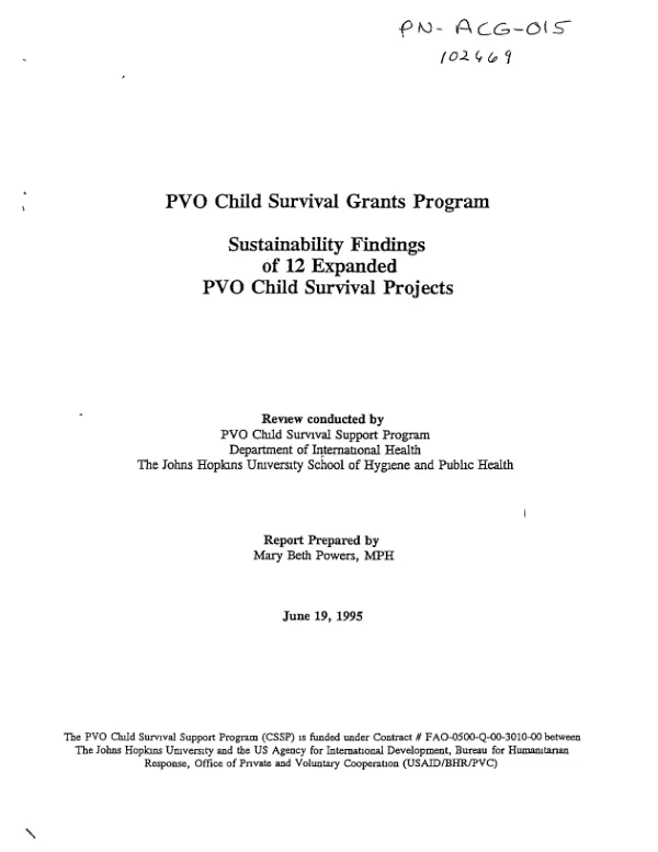 PVO child survival grants program : sustainability findings of 12 expanded PVO child survival projects