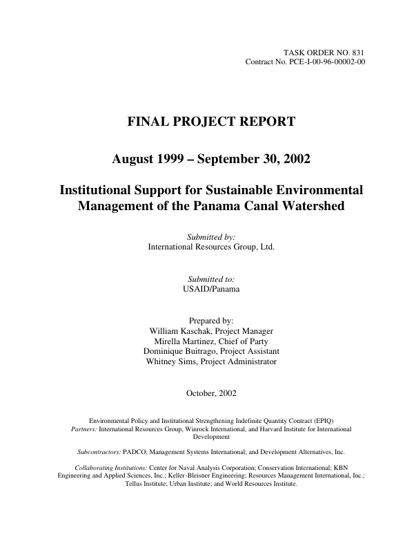 Final project report, August 1999-September 30, 2001 : institutional support for sustainable environmental management of the Panama Canal Watershed