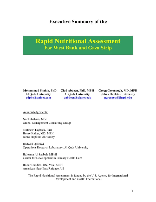 Executive summary of the rapid nutritional assessment for West Bank and Gaza Strip