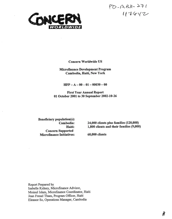 Concern Worldwide US : microfinance development program, Cambodia, Haiti, New York -- HFP-A-00-01-00030-00 : first year annual report, 01 October 2001 to 30 September 2002-10-26