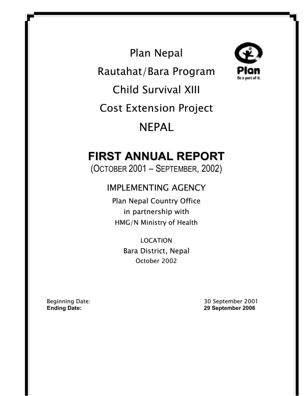 Plan Nepal : Rautahat/Bara program -- child survival XIII : cost extension project -- Nepal : first annual report (October 2001-September, 2002)