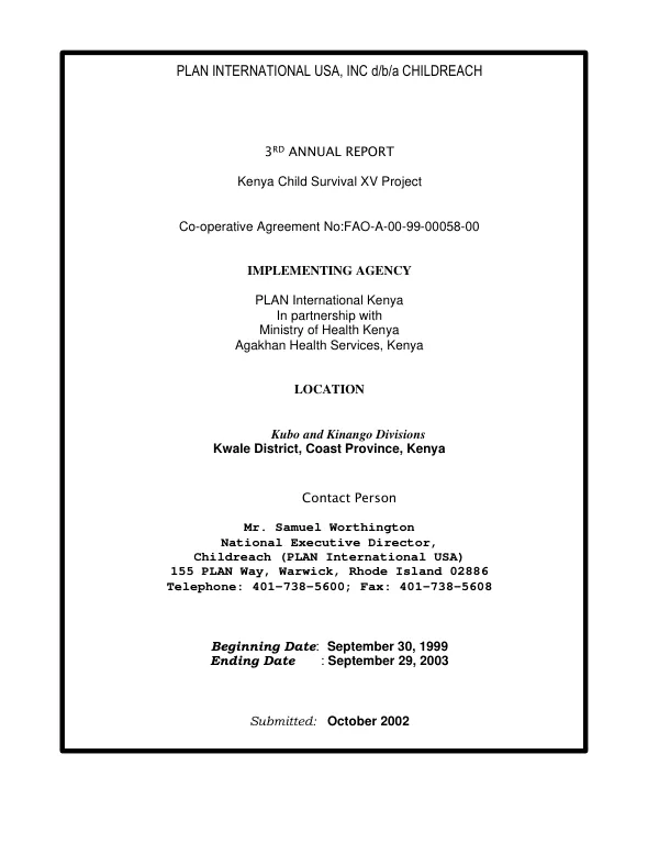3rd annual report : Kenya child survival XV project -- cooperative agreement no. FAO-A-00-99-00058-00 : Kubo and Kinango Divisions, Kwale District, Coast Province, Kenya