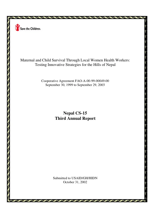 Maternal and child survival through local women health workers : testing innovative strategies for the hills of Nepal : cooperative agreement FAO-A-00-99-00049-00 -- Nepal CS-15 : third annual report