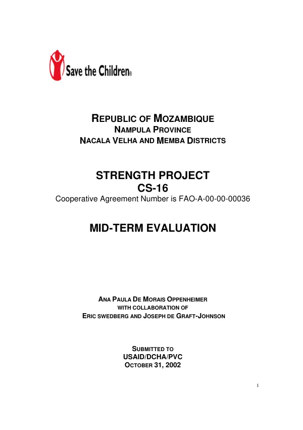 Republic of Mozambique, Nampula Province, Nacala Velha and Memba Districts : strength project CS-16 -- cooperative agreement number is FAO-A-00-00-00036[-00] : mid-term evaluation