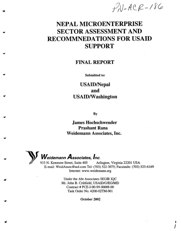 Nepal microenterprise sector assessment and recommendations for USAID support : final report