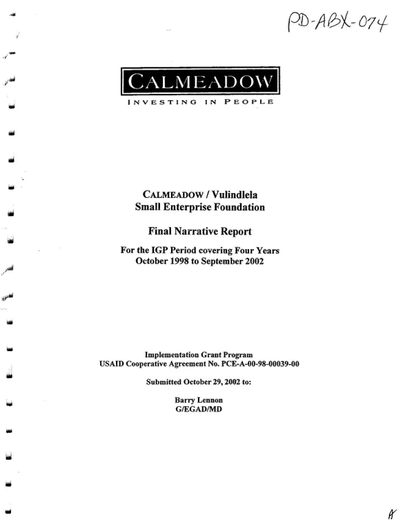 CALMEADOW/Vulindlela Small Enterprise Foundation : final narrative report for the IGP period covering four years, October 1998 to September 2002