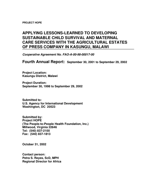 Applying lessons-learned to developing sustainable child survival and maternal care services with the Agricultural Estates of Press Company in Kasungu, Malawi : cooperative agreement no. FAO-A-00-98-00017-00 -- fourth annual report, September 30, 2001 to September 29, 2002