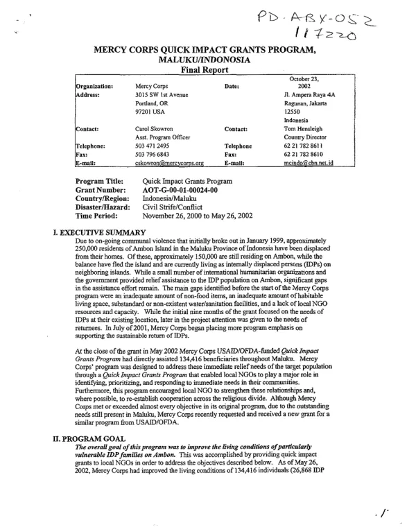 Mercy Corps quick impact grants program, Maluku/Indonosia [i.e. Indonesia] : final report