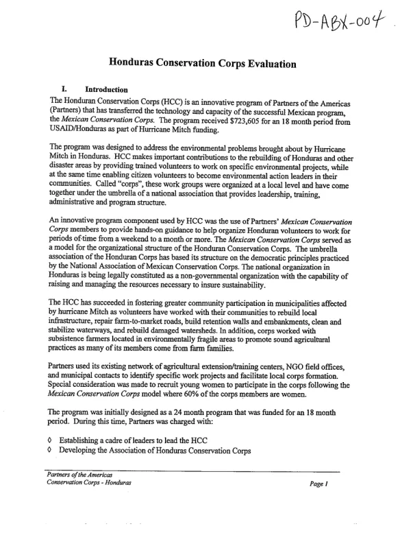 Honduras Conservation Corps evaluation