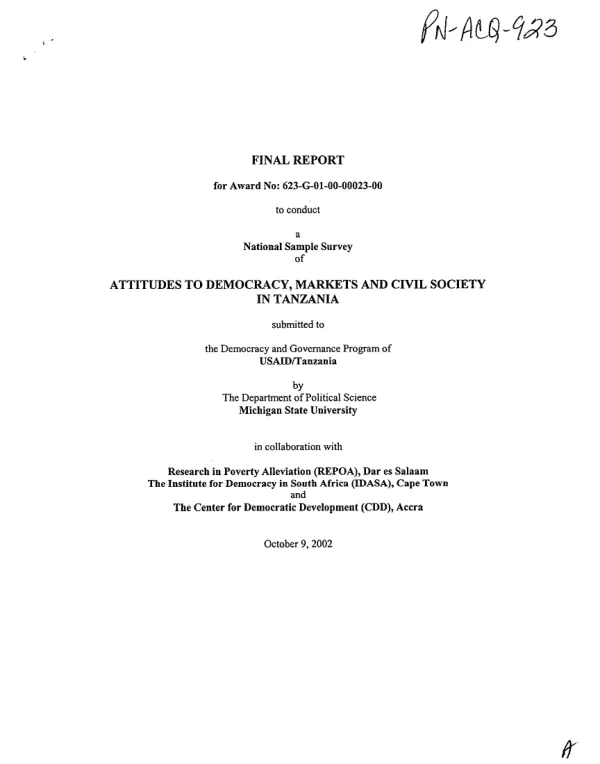Final report for award no. 623-G-00-01-00023-00 to conduct a national sample survey of attitudes to democracy, markets and civil society in Tanzania