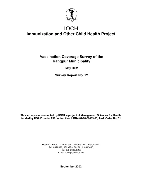 Vaccination coverage survey of the Rangpur Municipality, May 2002