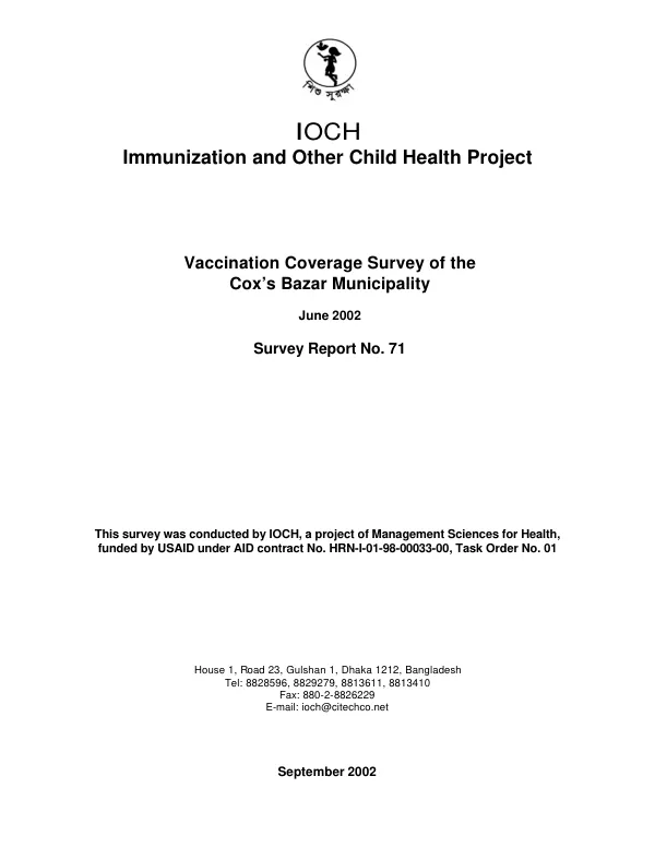 Vaccination coverage survey of the Cox"s Bazar Municipality, June 2002