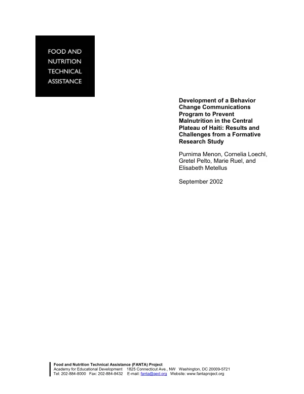 Development of a behavior change communications program to prevent malnutrition in the Central Plateau of Haiti : results and challenges from a formative research study
