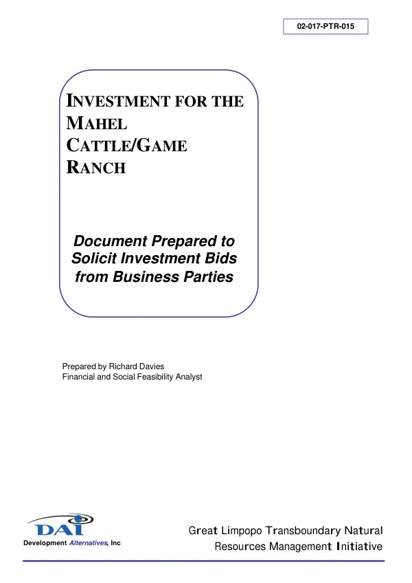 Investment for the Mahel Cattle/Game Ranch
