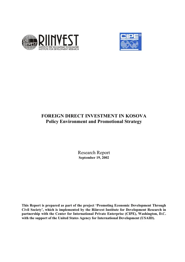 Foreign direct investment in Kosovo : policy environment and promotional strategy -- research report