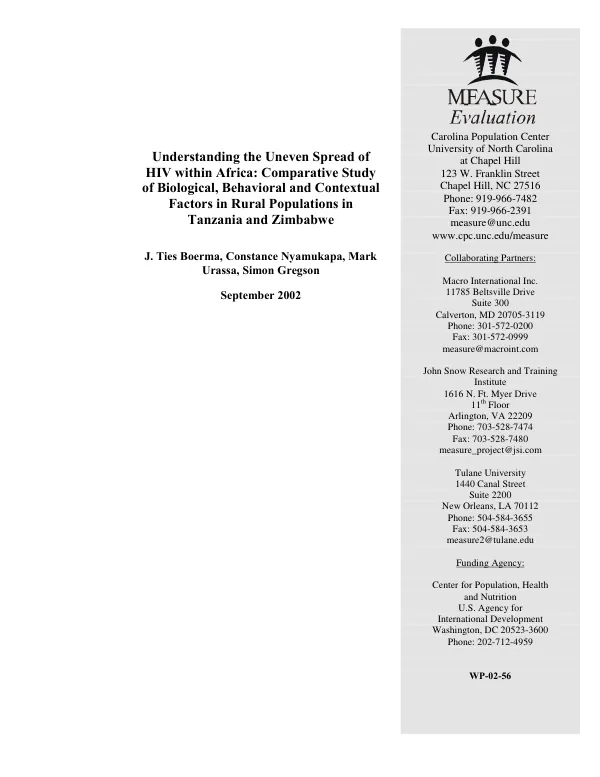 Understanding the uneven spread of HIV within Africa : comparative study of biological, behavioral and contextual factors in rural populations in Tanzania and Zimbabwe