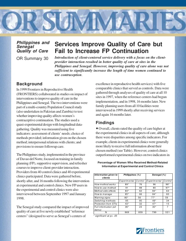 Services improve quality of care but fail to increase FP [family planning] continuation
