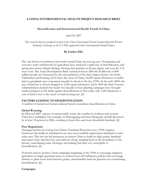 Desertification and environmental health Ttends in China