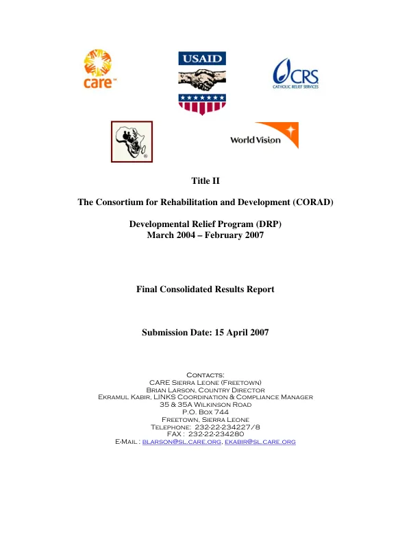 Title II the Consortium for Rehabilitation and development (CORAD) : development relief program (DRP), March 2004-February 2007 -- final consolidated results report
