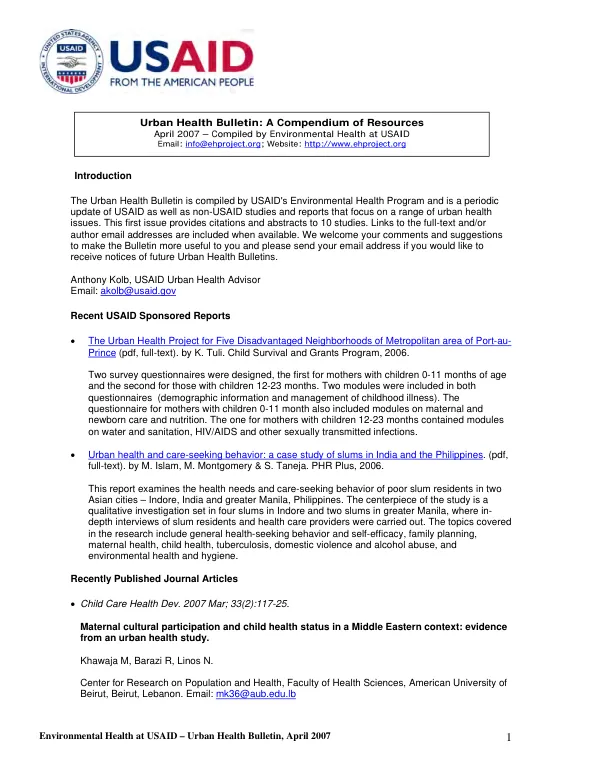Urban health bulletin : a compendium of resources[, issue #1]
